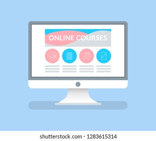 Online courses computer monitor with information isolated icon vector. Pc and network created for students to study and acquire new knowledge remote study