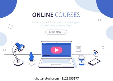 Online Courses Concept. Can Use For Web Banner, Infographics, Hero Images. Flat Isometric Vector Illustration Isolated On White Background.
