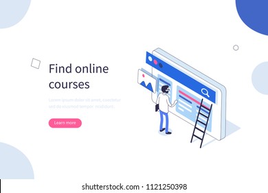 
Online courses concept with character. Can use for web banner, infographics, hero images. Flat isometric vector illustration isolated on white background.