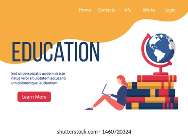 Online courses concept with character. Flat education, training, online tutorial, e-learning concept. Banner with a woman, stack of books, globe, vector illustration of online education.