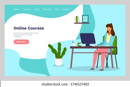 Concepto de cursos en línea con carácter. Educación plana, formación o concepto de e-learning. Cartel con una mujer sentada en casa en una mesa con un ordenador usando internet. Señora ocupada con el aprendizaje a distancia