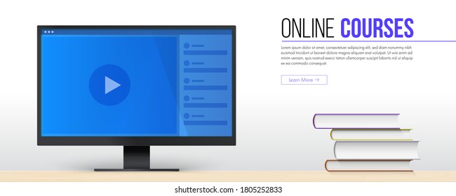 Concepto de cursos en línea. Programas de formación educativa en Internet. Monitor informático y pila de libros. Plantilla de vectores para banners, encabezados de sitios web. 3 quinquies ilustración.