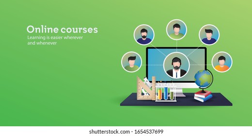 Online courses concept. Graduation cap, globe, microscope. Perfect for landing page, education website, education banner, educational application, education poster, on mobile. 