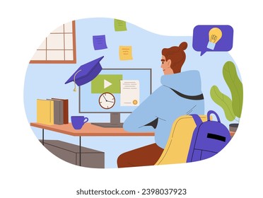 Online courses concept. Man with distant education. Young guy with certificate. Learning and training, lecture on internet. Cartoon flat vector illustration isolated on white background