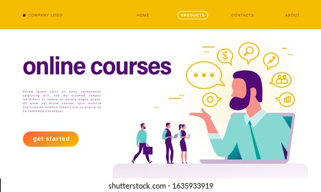 Online courses concept. People with devices at laptop, teacher metaphor, video, social media, communication icons. Landing page design template. Vector flat illustration.