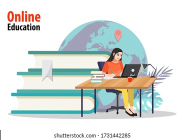 Online courses concept, the person gains knowledge for success and better ideas. Education, online business, distance education, online books and study guides, exam preparation, homeschooling, vector