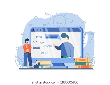 Online IT Courses Concept. students learn programming languages with teacher on screen. distance education, Internet learning, Computer programming. vector illustration for web banners, landing page