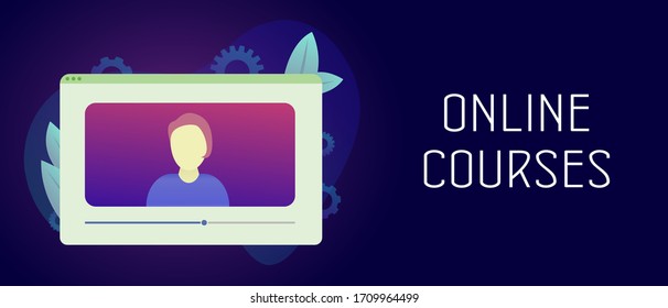 Online courses, digital and distance online teaching and learning concept. Video tutorials and online testing with woman character making an online lecture. Header and footer banner template with text