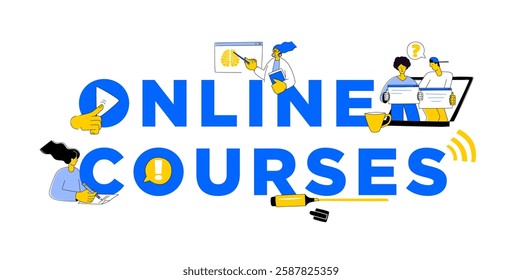 Online Courses and Digital Learning Banner. E-Learning and Remote Education Concept. Virtual Classroom and Online Study Illustration