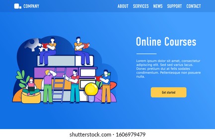 Online courses or digital library concept. Small people stand near big stack of books. Modern design vector illustration. Web landing page template
