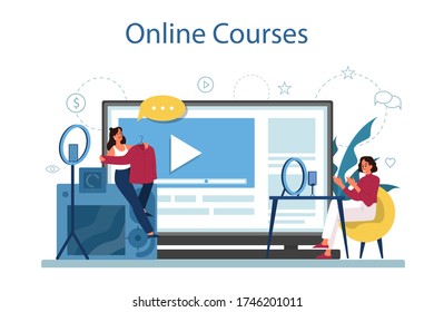 Online courses. Digital training and distance learning. Study in internet using computer. Video webinar. Isolated illustration in cartoon style