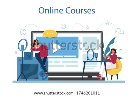 Online courses. Digital training and distance learning. Study in internet using computer. Video webinar. Isolated illustration in cartoon style