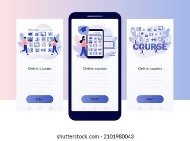 Online courses. Distance education. E-learning concept. Tiny people learn, watch webinars on online service or platform. Screen template for mobile, smartphone app. Modern flat cartoon style. Vector 
