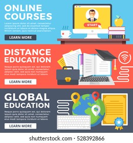 Online courses, distance education, global education flat illustration concepts set. Flat design graphics for web sites, web banners, printed materials, templates, infographics. Vector illustrations