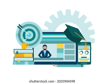 Online courses, distance learning, tutoring. Teacher on the monitor of the gadget teaches a lesson online. Concept vector illustration.