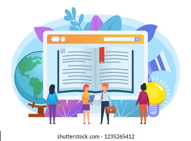 Online courses, distant education concept. Small people stand near big screen with book, idea, globe. Poster for social media, web page, banner, presentation. Flat design vector illustration