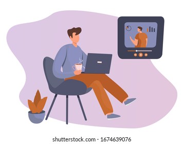 Online Courses and Education.Man Freelancer Drinking Tea,Sitting in a Сhair,Working on Laptop.Online Education Concept.Vector Flat illustration.