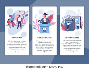 Online courses education and graduation web page template vector student training and learning knowledge Internet site mockup degree receiving lectures and classes Bachelor or Master trainings