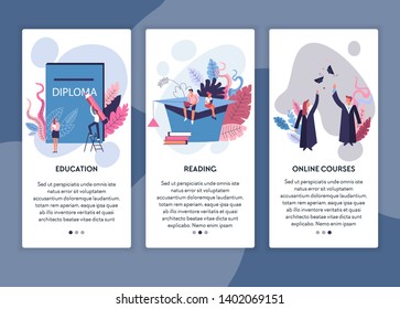 Online courses education and reading web pages templates vector student training and learning knowledge Internet site mockup lectures literature and classes Bachelor or Master degree receiving.