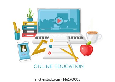 Online courses education Vector. Learning process. notebook and school supplies illustration