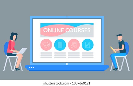 Online courses education vector, people studying new material via computer. Man and woman students with laptops, learning information on screens flat style
