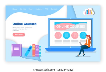 Online courses, educational website, landing page, studying material in internet, methods of self study, woman working with laptop, listening audio books, reading document, learning information