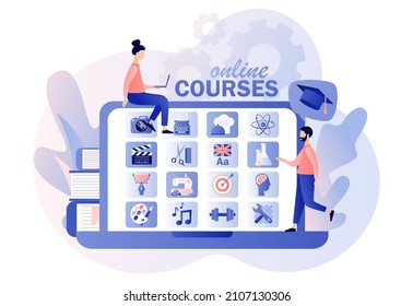 Online courses. E-learning concept. Distance education. Tiny woman learn, watch webinars online in laptop on web platform. Modern flat cartoon style. Vector illustration on white background