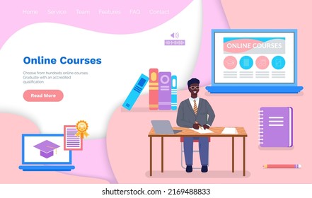 Online courses for e-learning. Man studying online using internet technology. Various educational programs for students. Distance education, online learning via Internet concept