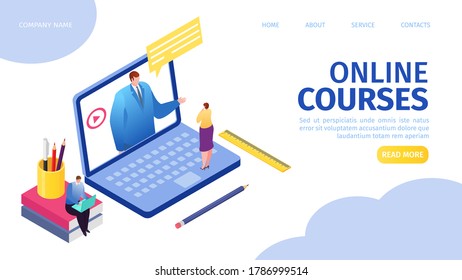 Online courses e-learning for people on distance by internet landing webpage vector illustration. Distant education, man teacher on laptop screen, woman watching online course. Web tutorials concept.