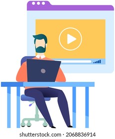 Online courses, e-learning, watching lesson concept. Man with laptop looking at video tutorial on screen. Male character watching online training course, educational video, learning content