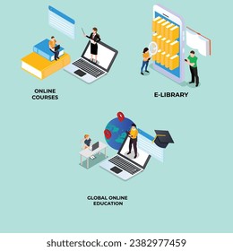 Online courses, E-library, global online education isometric 3d vector illustration concept