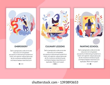 Online courses embroidery culinary lesson and painting school web pages templates vector sewing cooking and art textile kitchenware and easel video classes or lessons education and skills development