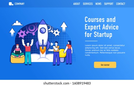 Online courses and expert advice for startup. Small people stand near big rocket taking off, startup launch concept. Modern design vector illustration. Web landing page template