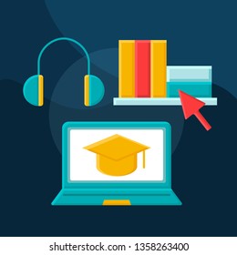 Online courses flat concept vector icon. E-learning idea cartoon color illustrations set. Interactive learning. Internet education. Electronic class. Distance studying. Isolated graphic design element