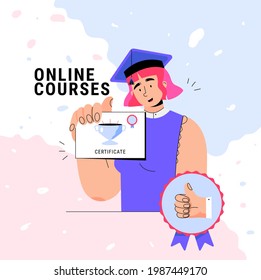 Online courses flat illustration. Young girl character completed online courses and received a certificate of education. Cartoon isolated elements. Simple illustration of girl who finished education