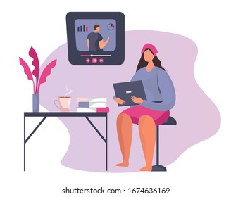 Online Courses. Girl Freelancer Working at Home, Watching Webinar with a Cup. Online Education Concept. Online Teacher on Computer Monitor. Vector Flat illustration.
