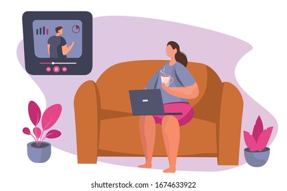 Online Courses At Home.Woman Freelancer Working on Laptop, Learning Languages and Watching  Webinar on the Couch with a Cup.Online Teacher on Computer Monitor.Flat Vector illustration.