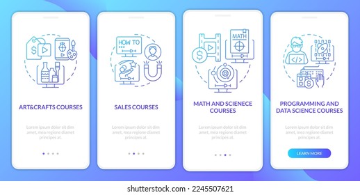 Online courses ideas blue gradient onboarding mobile app screen. Walkthrough 5 steps graphic instructions with linear concepts. UI, UX, GUI template. Myriad Pro-Bold, Regular fonts used
