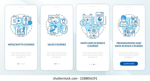 Online courses ideas blue onboarding mobile app screen. Walkthrough 5 steps editable graphic instructions with linear concepts. UI, UX, GUI template. Myriad Pro-Bold, Regular fonts used