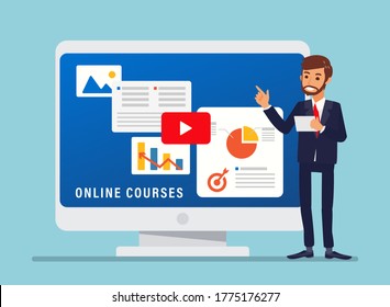 Online Courses illustration. Businessman standing beside big computer with educational information on screen.