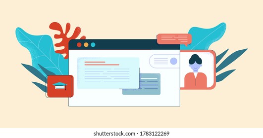 Online courses illustration. Web based learning at distance electronic knowledge technologies communication webinars with study of new applications abstract vector modern flat universities.