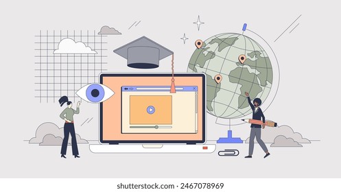 Online courses and international study tiny person neubrutalism concept. Travel for academic knowledge and graduation abroad vector illustration. E-learning platform using internet resources.