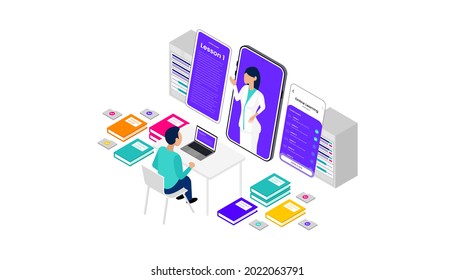 Online Courses Isometric 3d Vector Illustration Mobile Desktop Web User Interface Responsive, Suitable For Web Banners, Diagrams, Infographics, Book Illustration, Game Asset, and Other Graphic Assets