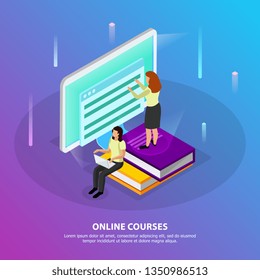 Online courses isometric background with two woman studying distantly using desktop pc vector illustration