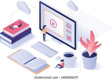 Online courses isometric flat illustration