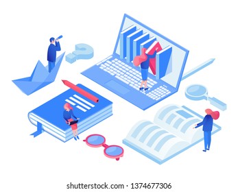 Online courses isometric vector concept. Ebooks shop, online library, e learning classes 3d illustrations. Students reading, working with laptop, doing homework, research isolated design elements
