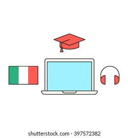 Online courses italian language, graduation hat, laptop, headphone. Vector flat icon design on white background. Element for logo. For those who study language.