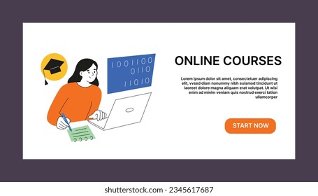 Online courses layout page, ui and ux web banner with vector illustration, distant education, online school website interface, IT learning program app, information technology e-learning