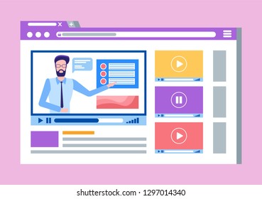 Online courses lead by male teacher man on video vector. Isolated icon of website with person explaining material to students, screen with text and tests