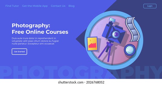 Online courses for learning photography. Lessons in internet for photographers, free education in distance. Educational resource for beginners. Website or webpage template, landing page flat vector